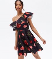 New Look Black Rose Scuba Ruffle One Shoulder Mini Skater Dress